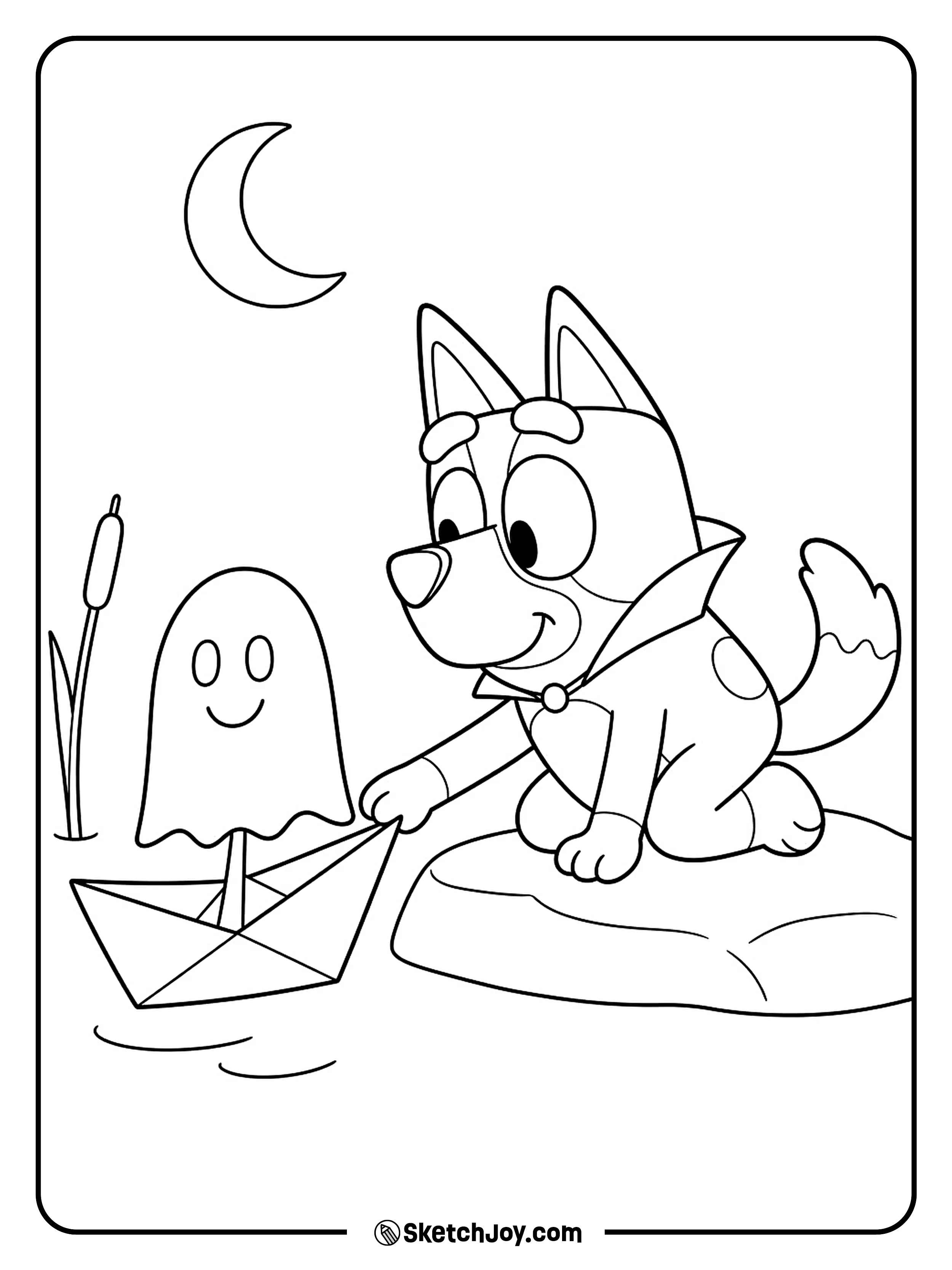 A paper boat with a ghost sail sets off along the creek.
