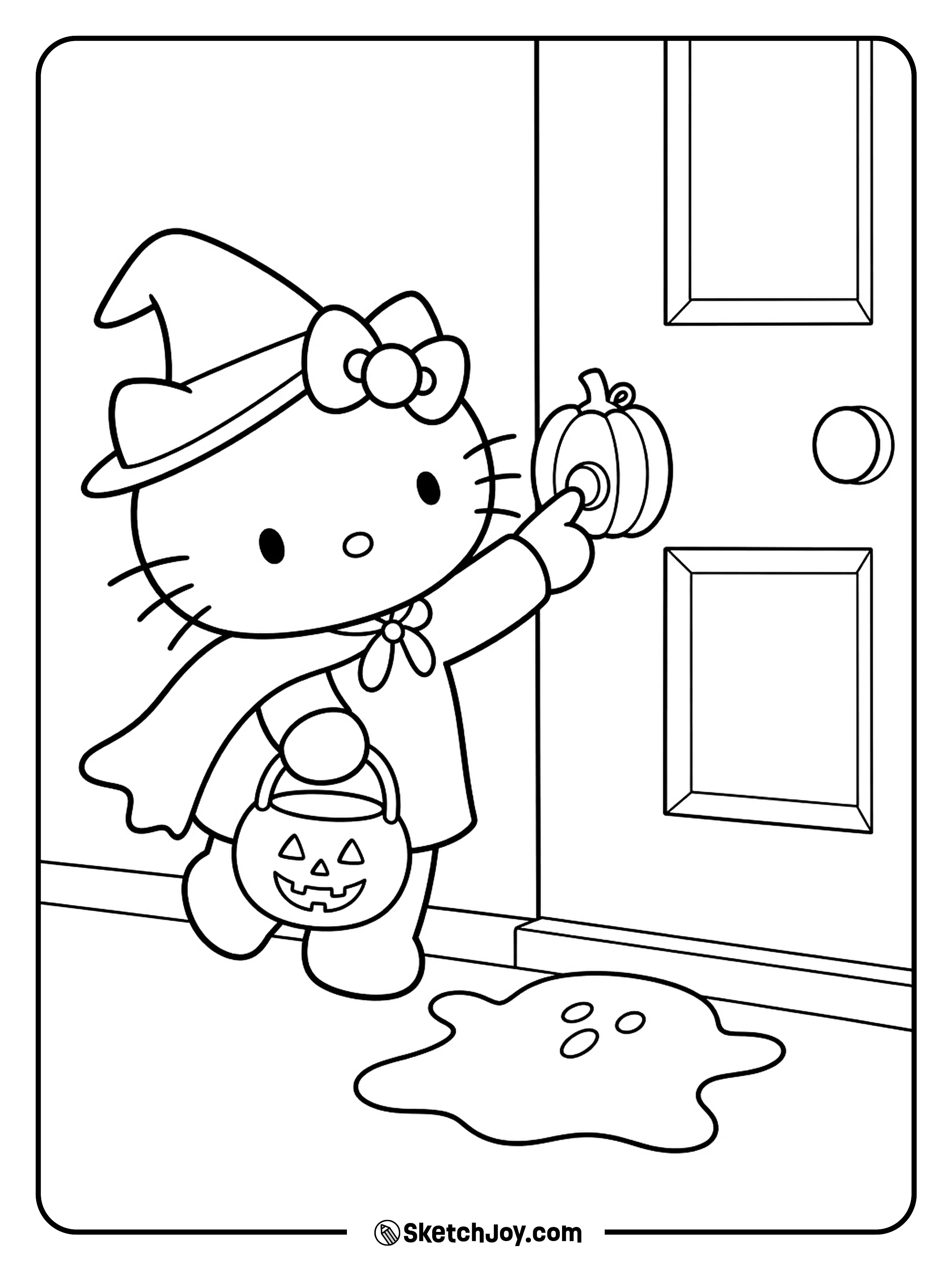 Hello Kitty reaches for a pumpkin doorbell with her treat bucket ready below.