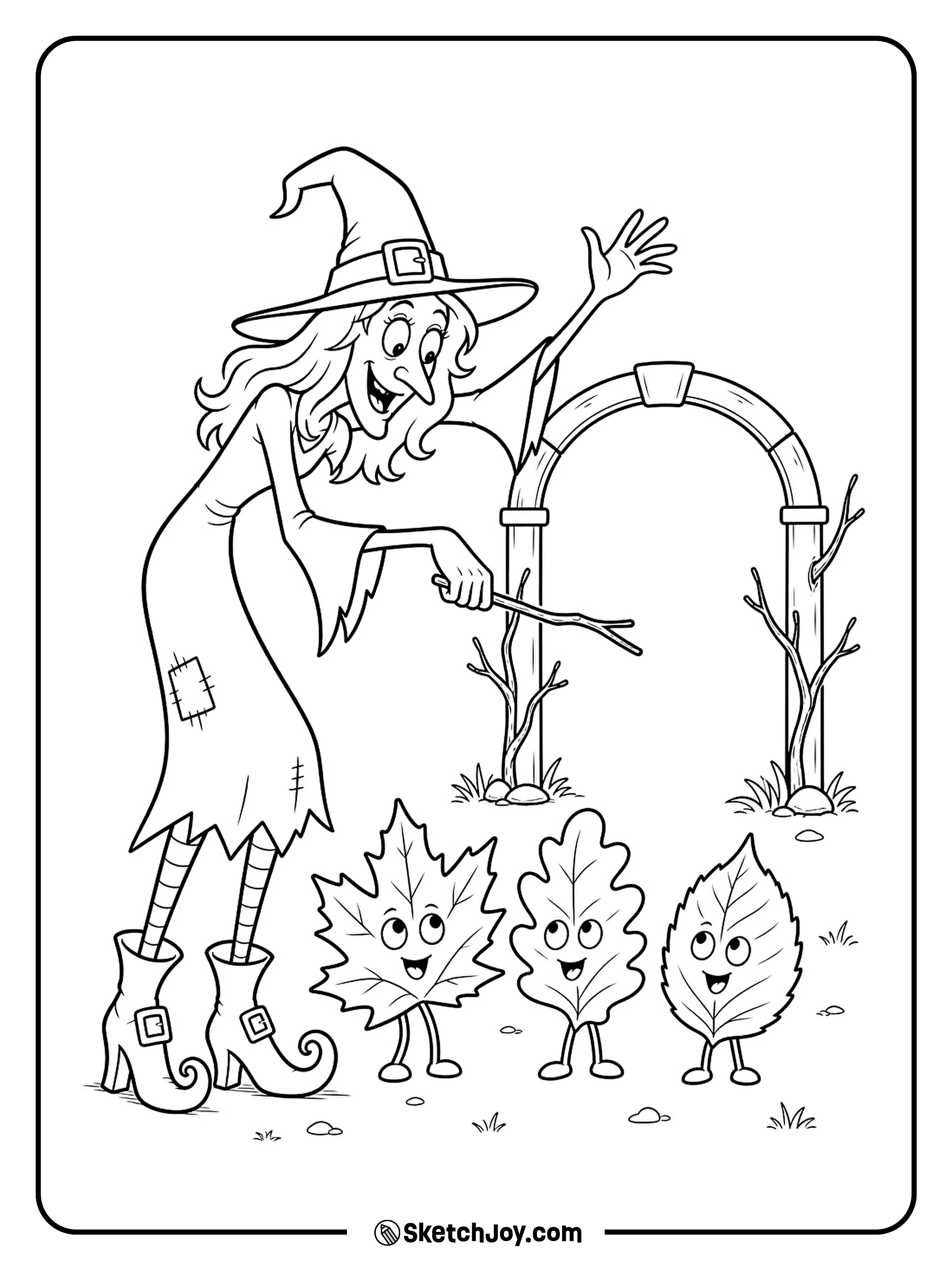 Three leaves march past curled boots as a witch leads their tiny parade.