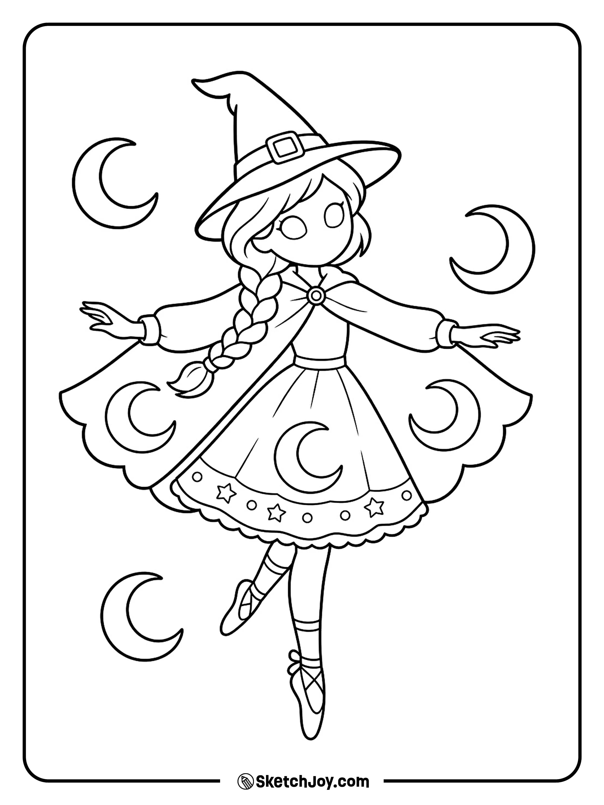 A witch spins on one toe as her moon cape fans around her.