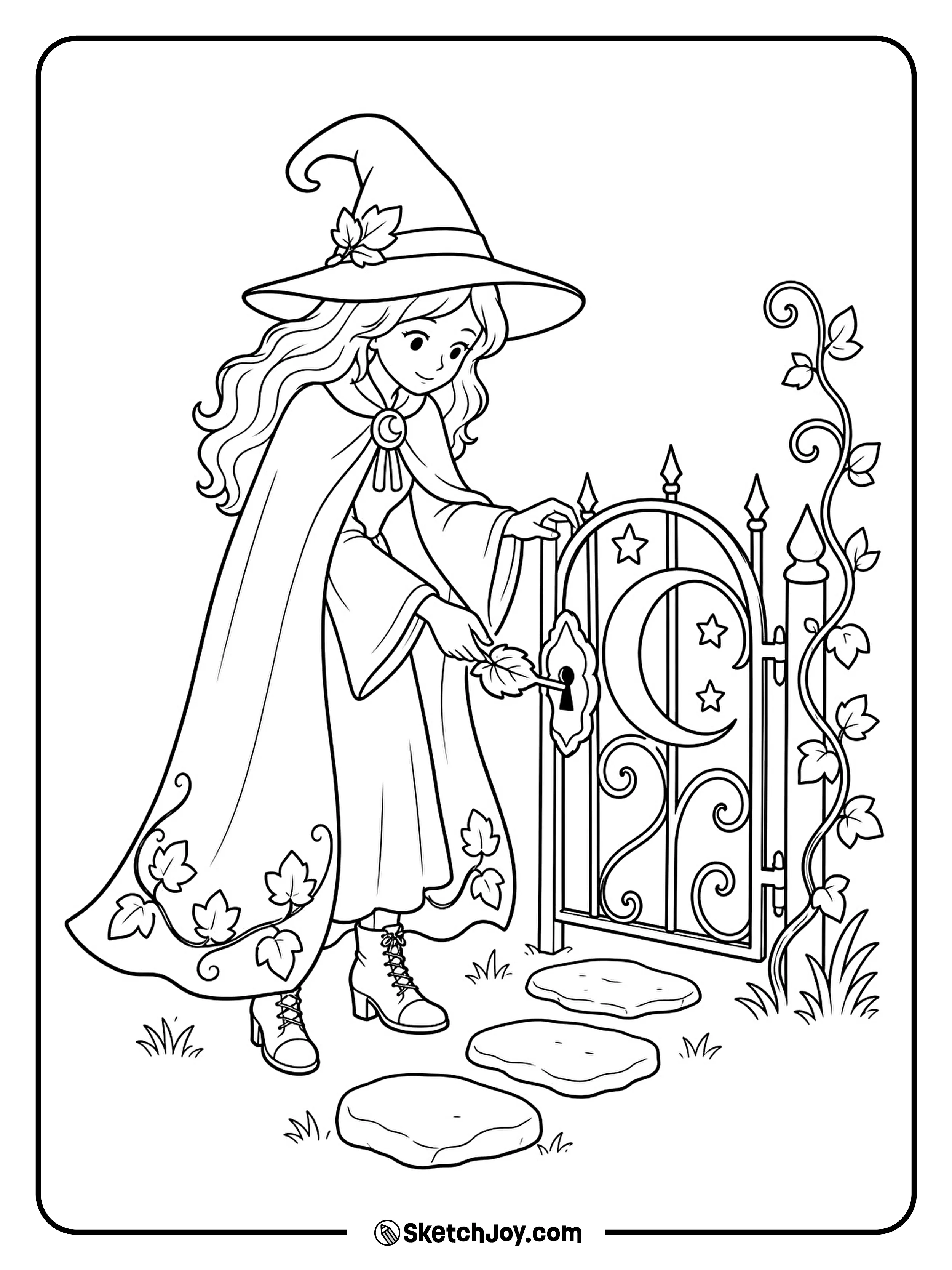 A witch turns a leaf-shaped key in a moon gate wrapped with curling vines.