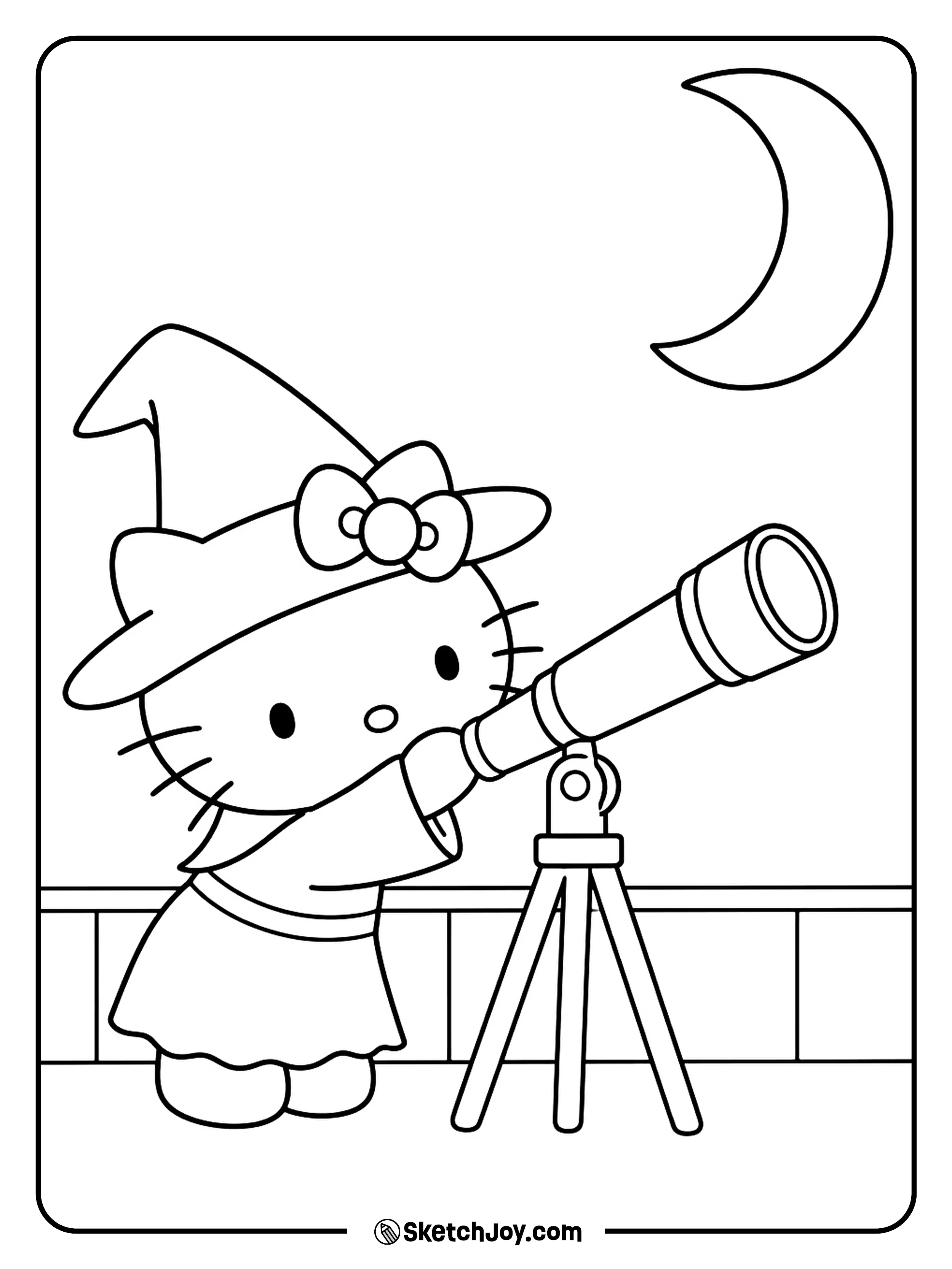 A pointed hat tilts back as the telescope turns toward a thin moon.
