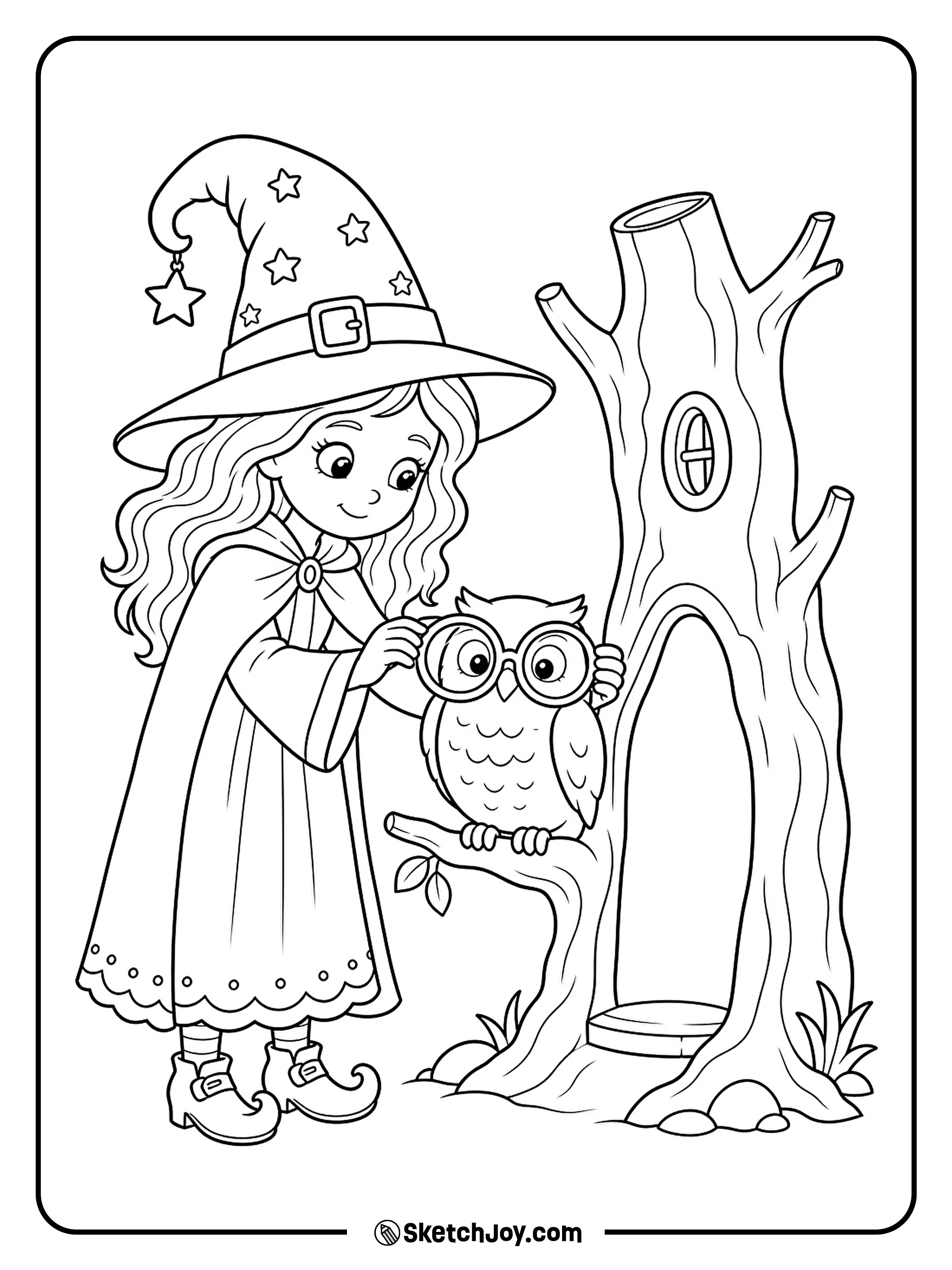A witch fits round glasses onto an owl outside its tree home.