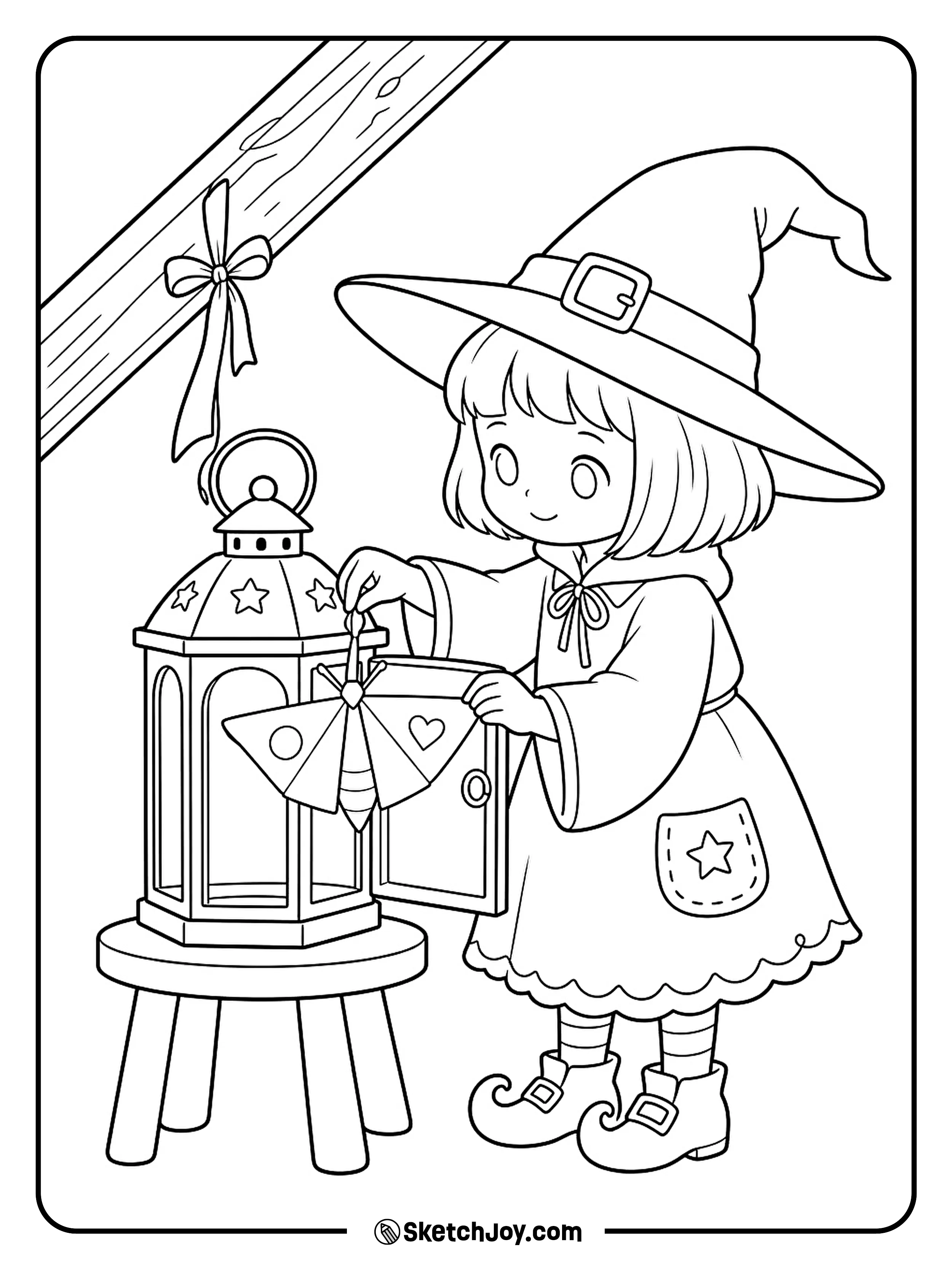 A witch places a paper moth inside a lantern for her attic room.