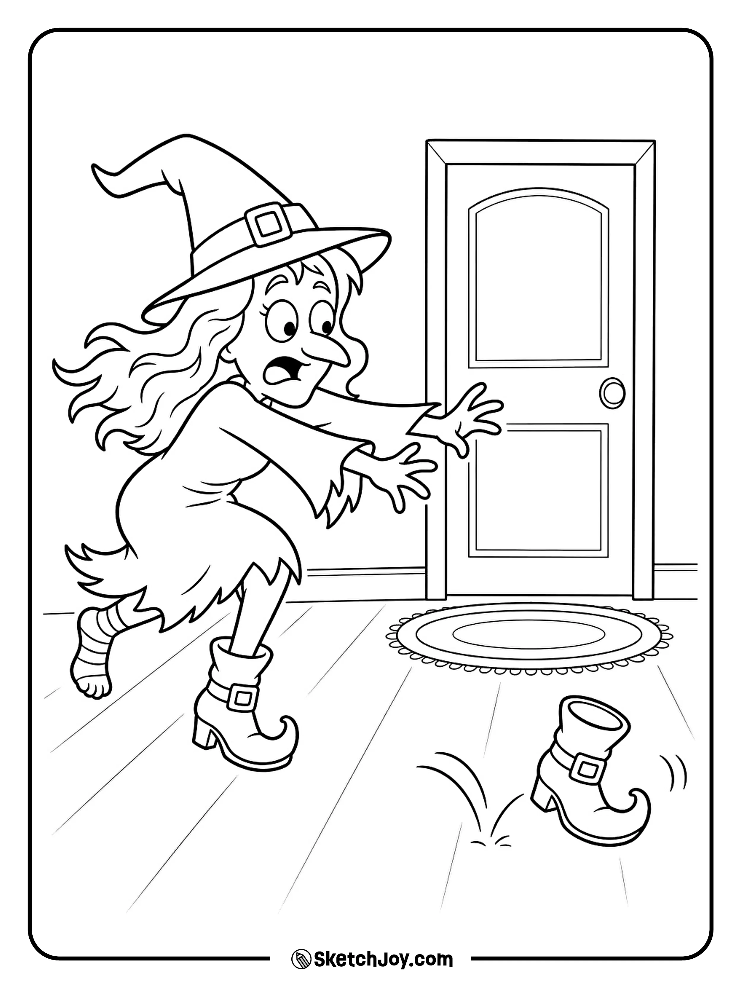 A witch hops down the hall as her missing boot bounces just ahead.
