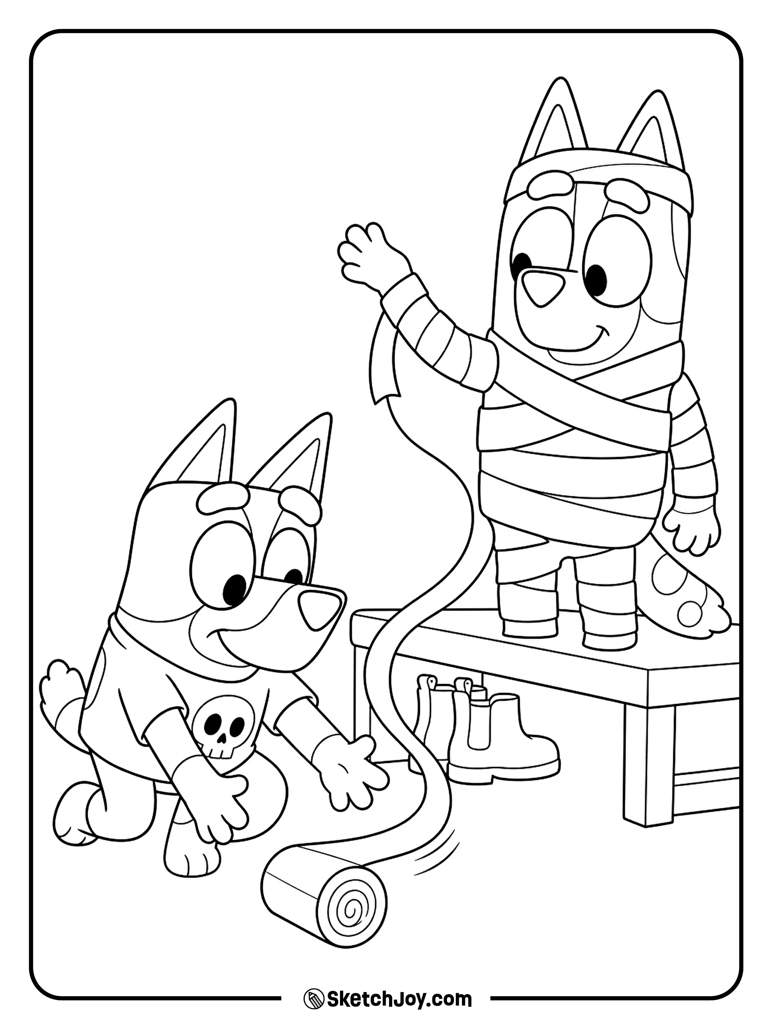 A loose bandage sends the costume helpers into a laughing tangle.