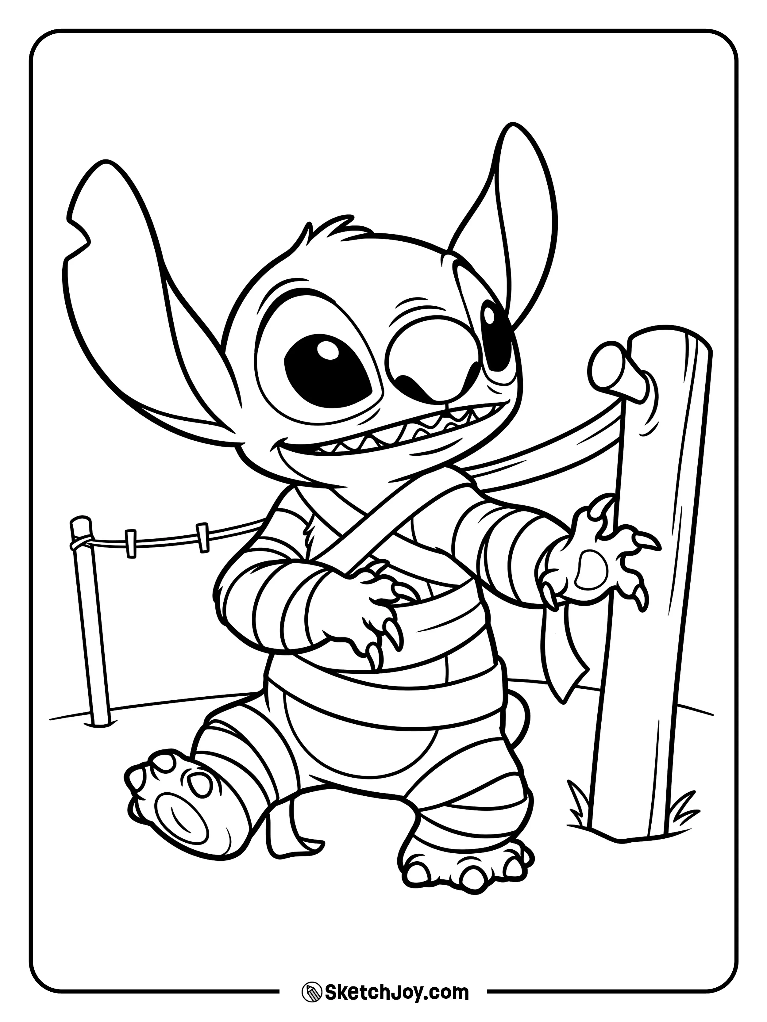A loose mummy bandage catches on a clothes peg during a quick escape.