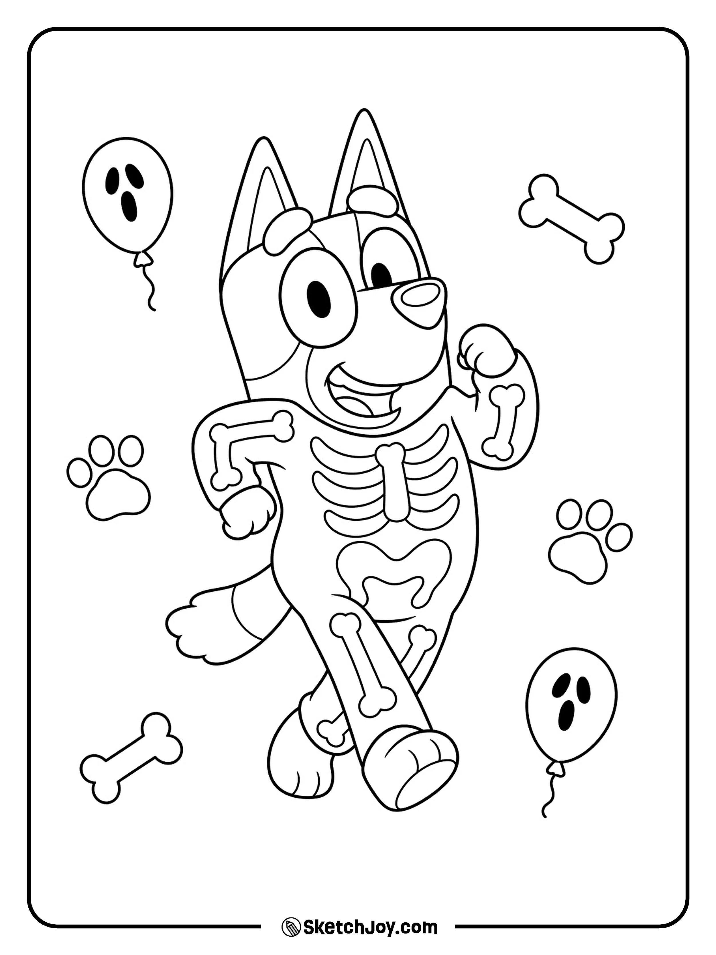 A funny dance step gets some company from balloons, bones, and paw prints.