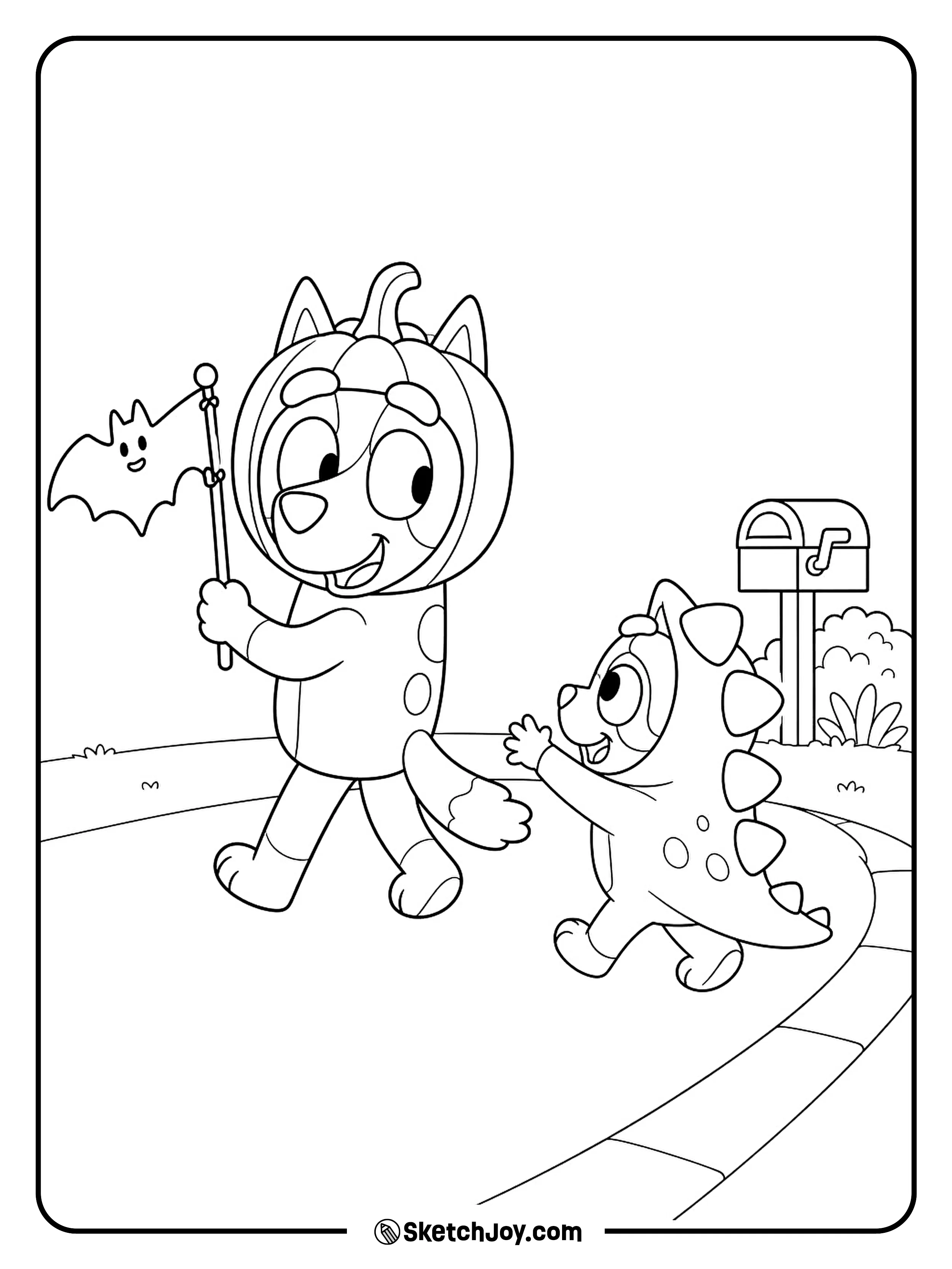 Socks follows a bat flag in her soft dinosaur suit.