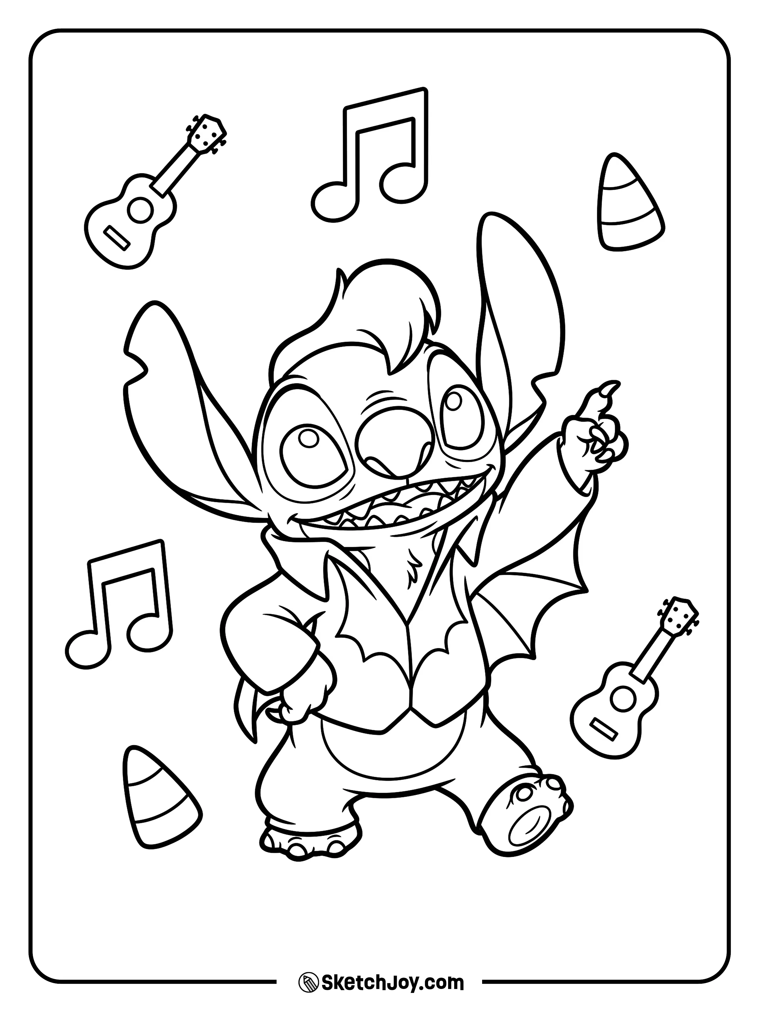 A tiny singer strikes a bold pose among music notes and Halloween treats.