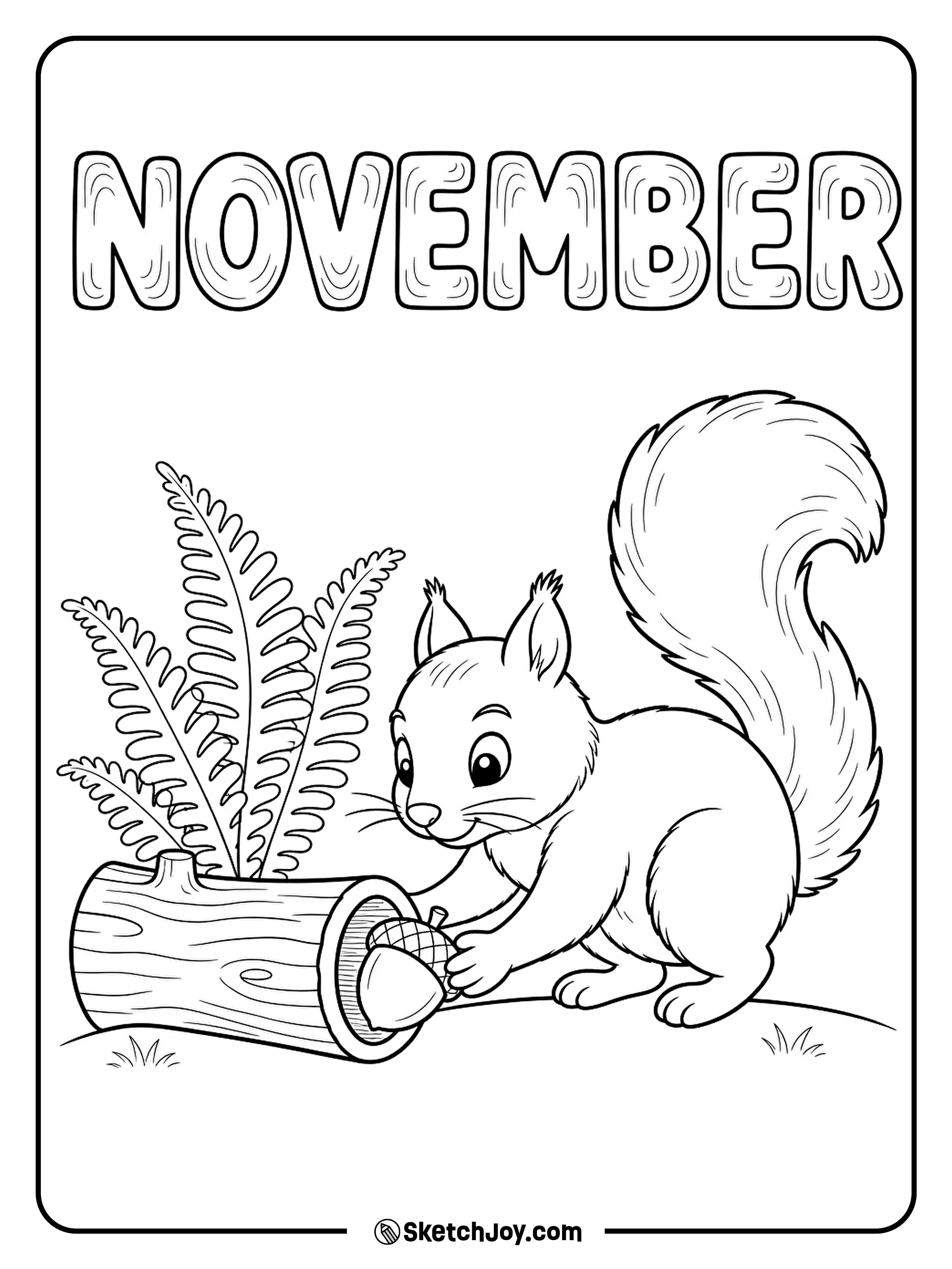 A squirrel tucks an acorn into a hollow log beside one fern.
