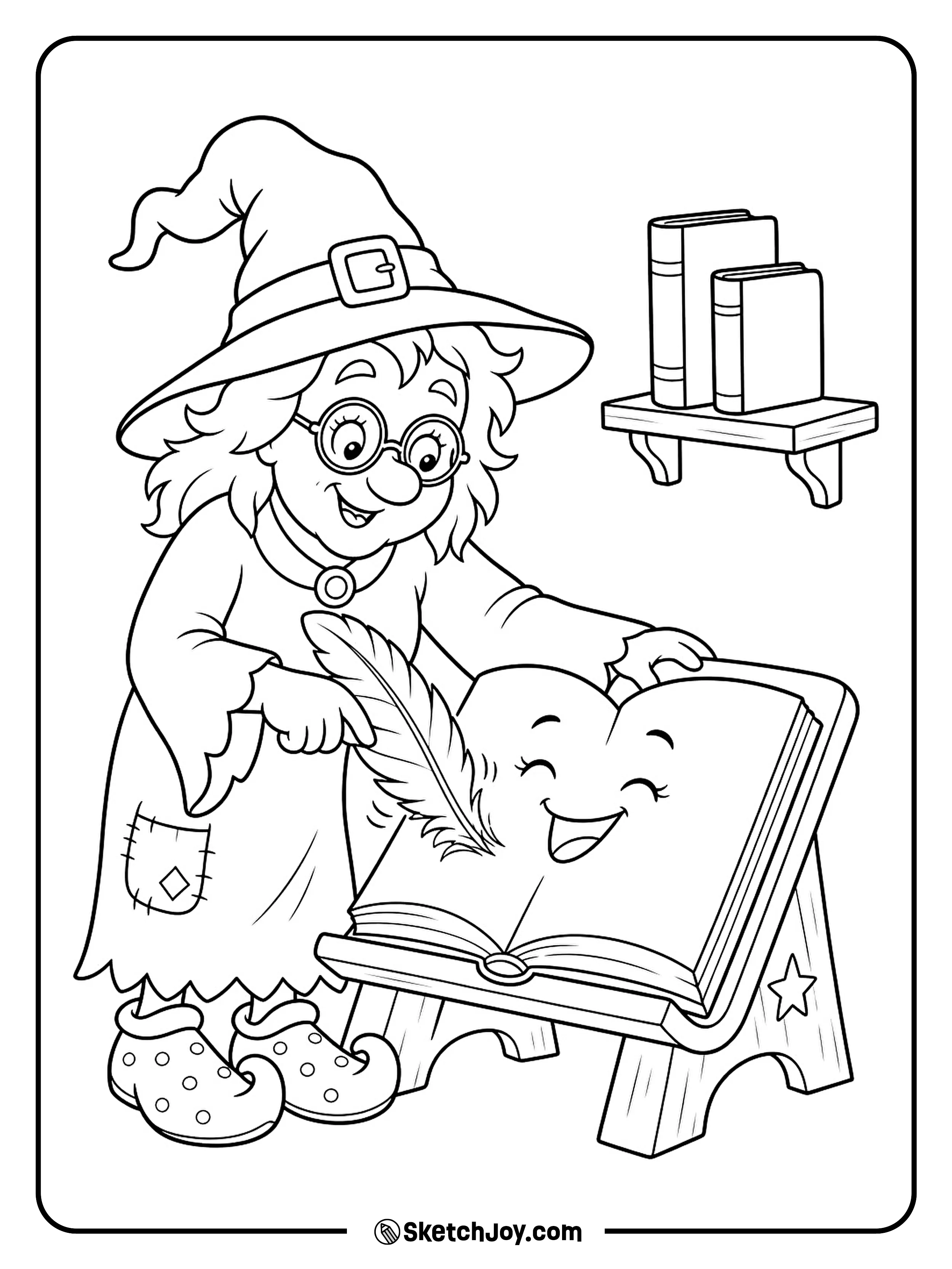 A witch tickles a smiling spellbook with a feather in her reading nook.