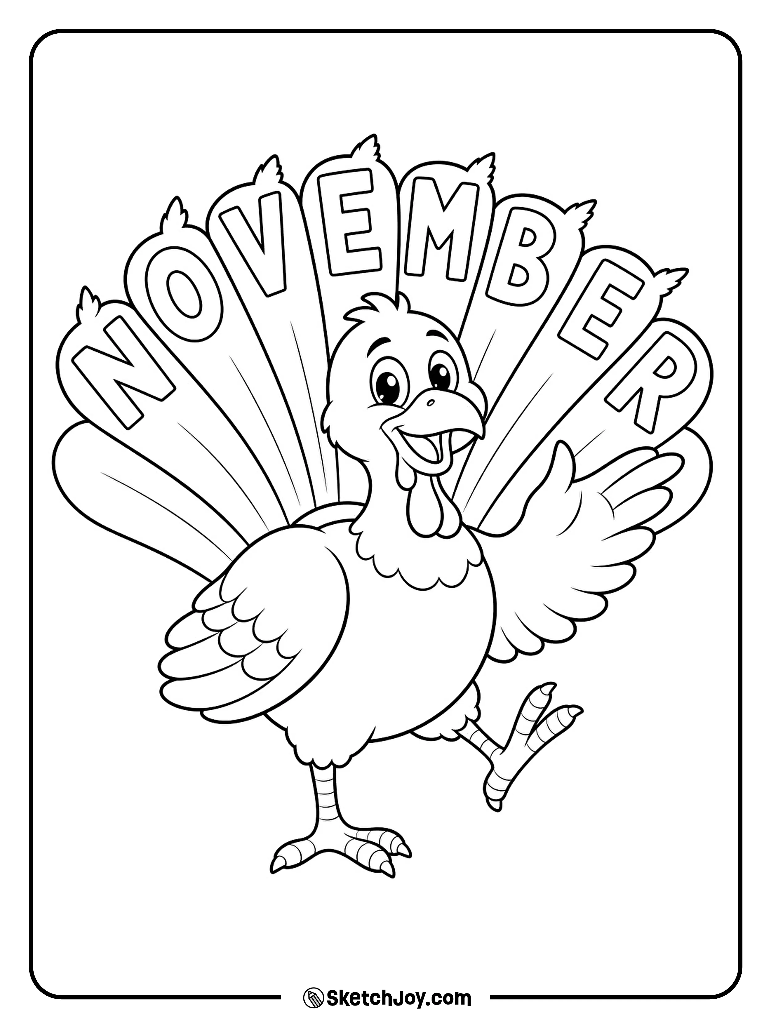 A turkey lifts one foot while eight broad tail feathers carry the letters of November.