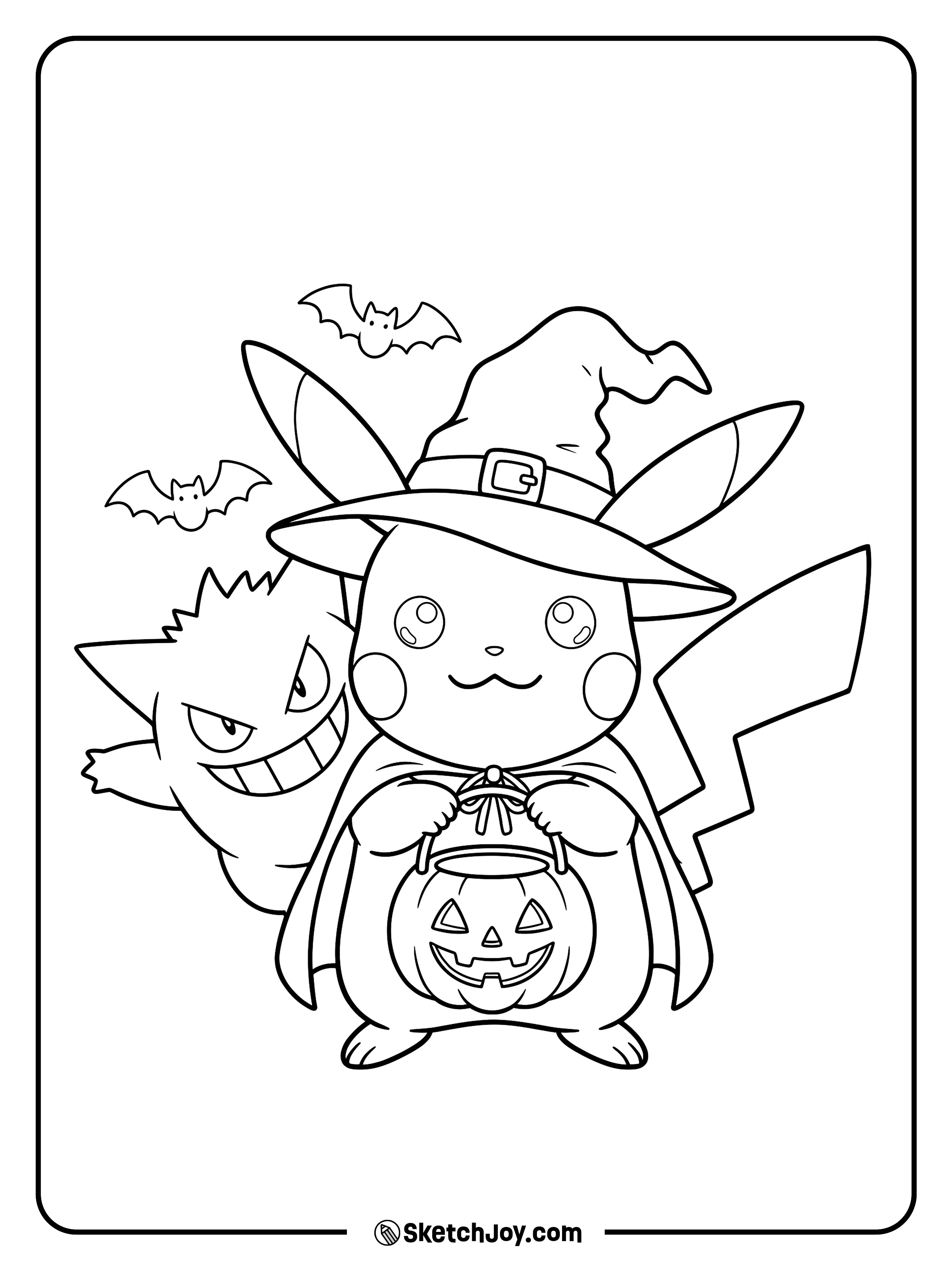 Gengar peeks out from behind Pikachu, who wears a witch hat and carries a treat bucket.