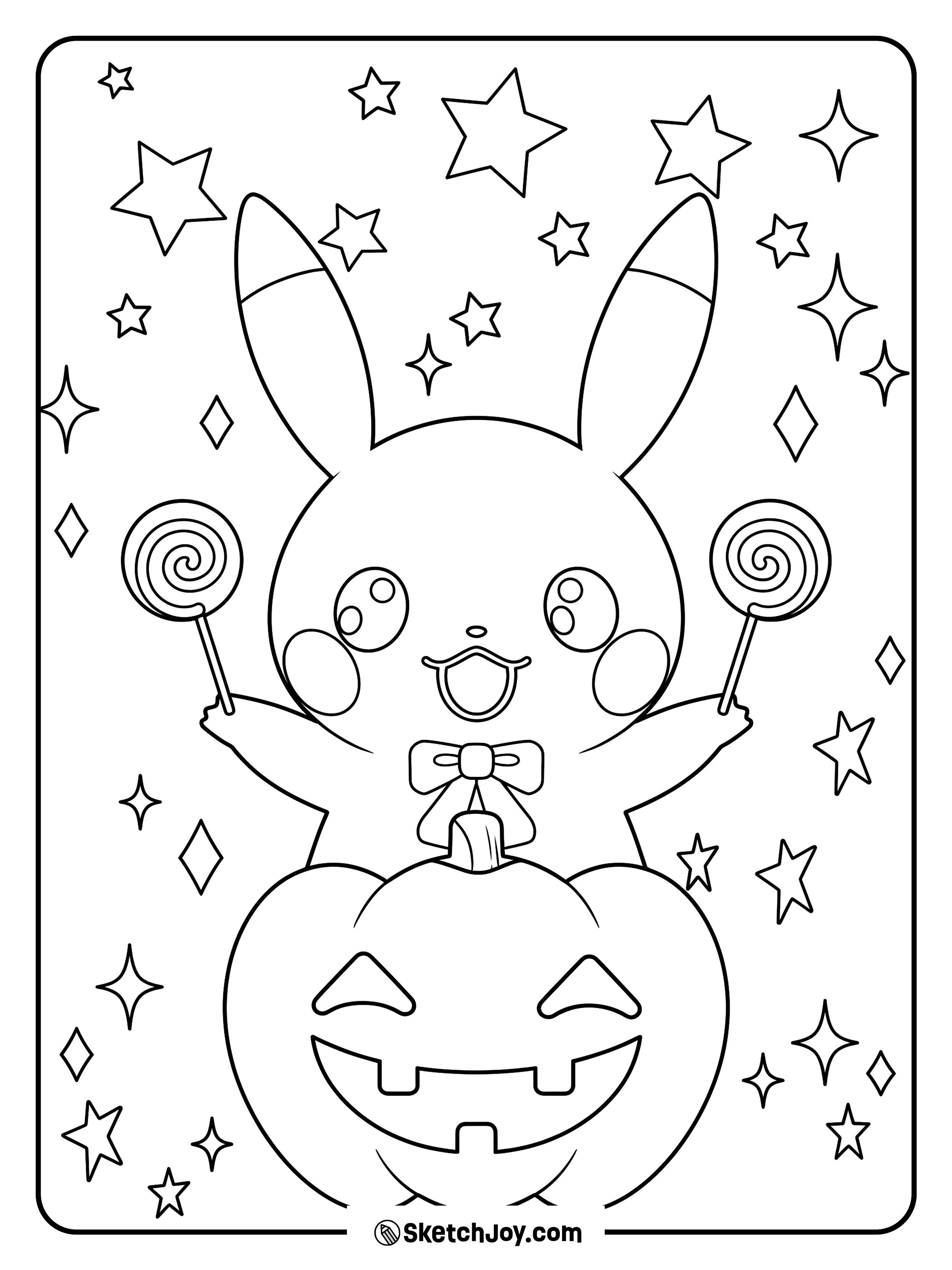 With a sweet in each paw, Pikachu beams behind a smiling pumpkin among a pattern of stars.