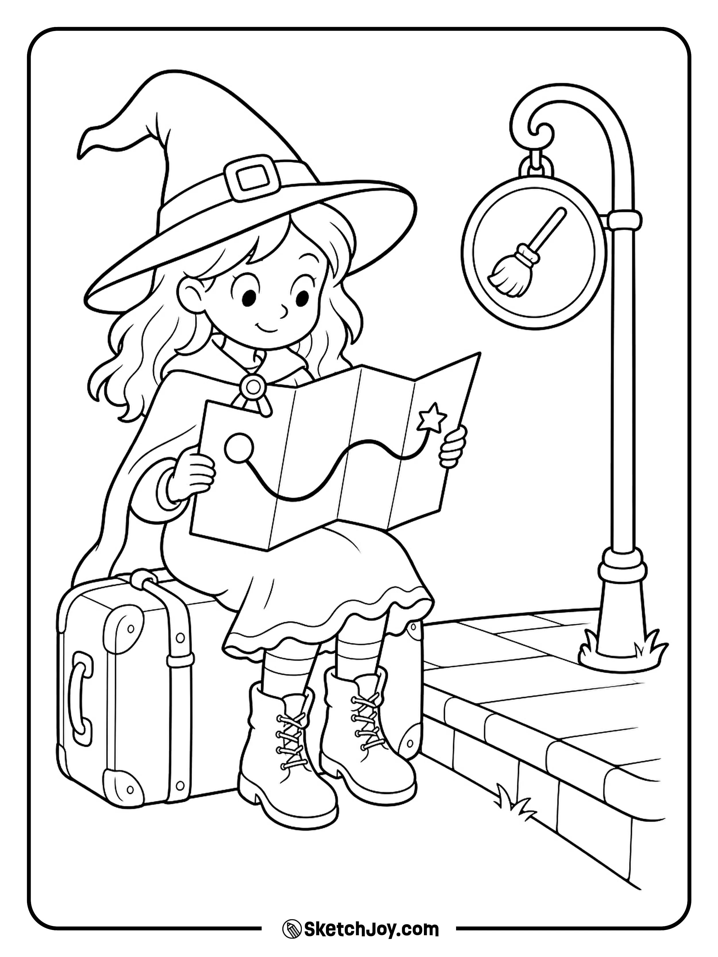 A witch checks her map while sitting on a suitcase at the broom stop.