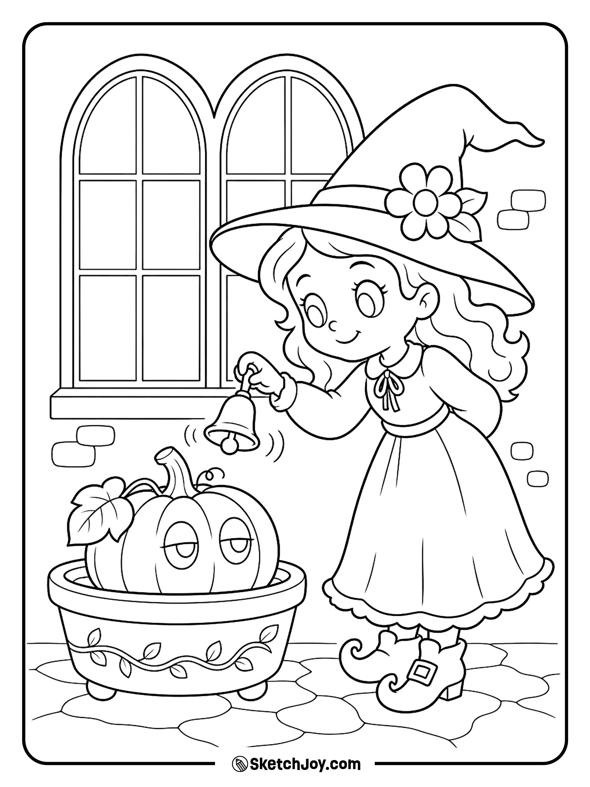 A sleepy pumpkin opens its eyes when a witch rings a tiny bell.