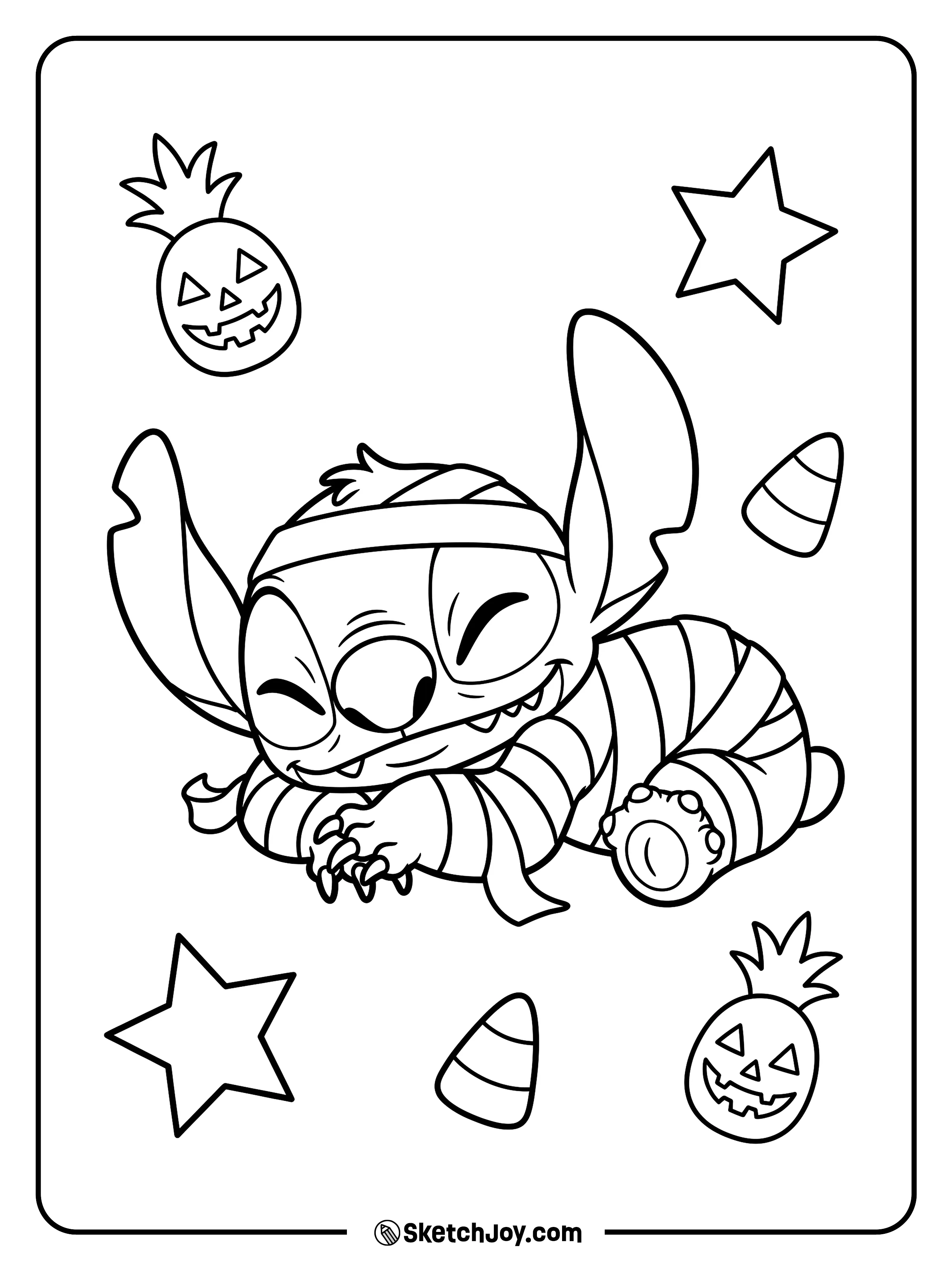 A sleepy mummy curls up among funny pineapples, candy corn, and stars.